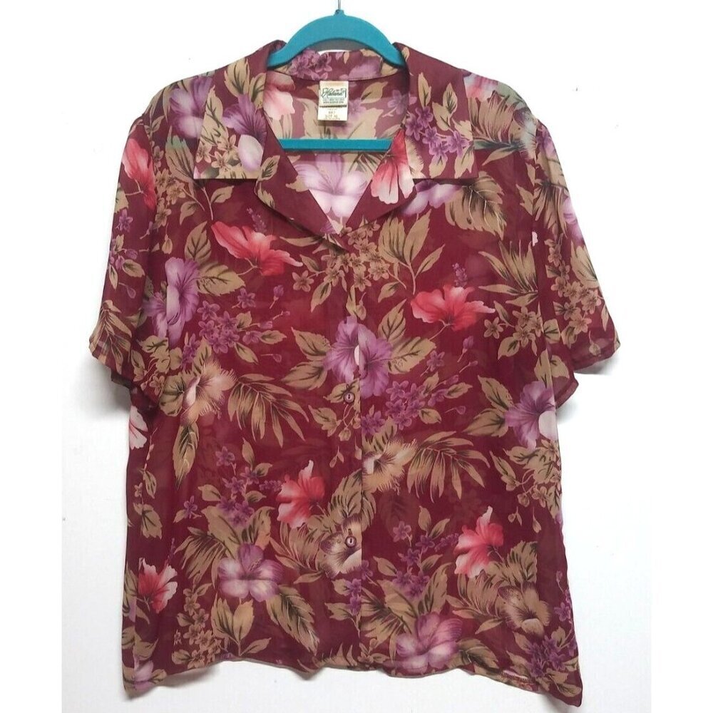 Haband Blouse Top shirt burgundy floral XL Button Front collared short sleeve